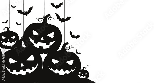 A spooky halloween scene with black pumpkins and bats isolated on white background, creating a festive and eerie atmosphere for the holiday season