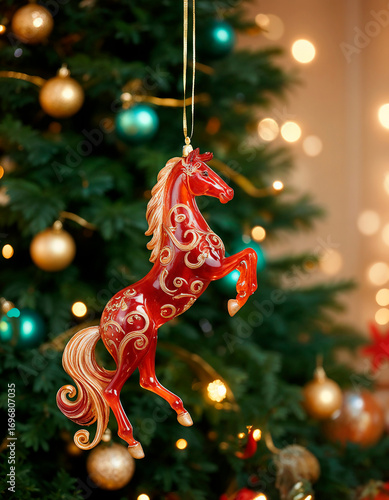 Elegant Red Horse Ornament Hanging on Festive Christmas Tree Branch