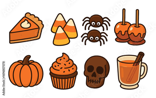 Festive halloween icons: pumpkin pie, candy corn, spiders, caramel apples, cupcake, skull, cinnamon tea