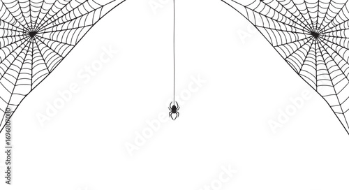 A minimalist halloween design featuring spiderwebs and a spider, isolated on white background, creating a subtle yet spooky atmosphere for various projects