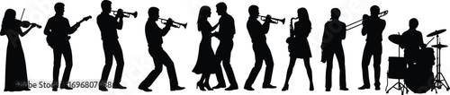 Silhouette vector of musicians and dancers performing with various instruments, showcasing live concert energy, rhythm, and artistic collaboration themes.