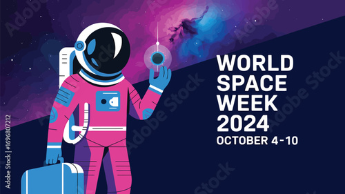Vector art of world space week 2024 graphic with an astronaut holding a small planet against a nebula and starry sky background