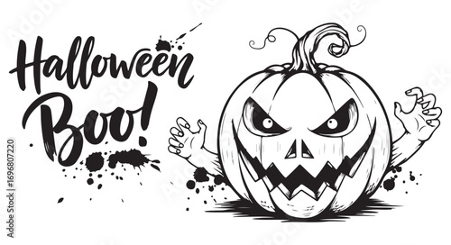 Halloween themed illustration isolated on white background featuring a scary pumpkin with hands and the text halloween boo in a spooky font