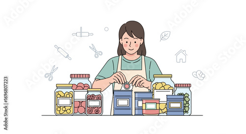 Woman Canning Goods in Her Kitchen, Preparing Fruit and Vegetables for Pantry Storage