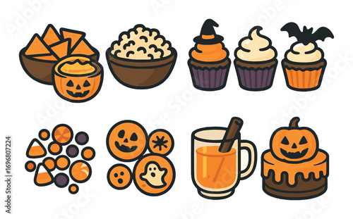 Halloween treats and desserts collection featuring festive cupcakes and pumpkin-themed snacks