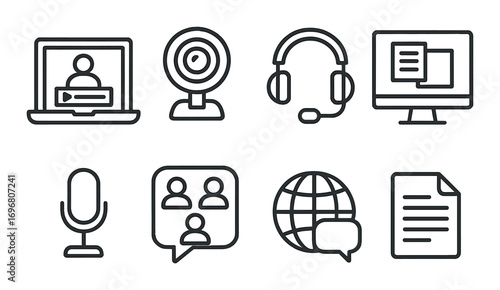 Digital communication icons: webcam, headset, microphone, chat, and document symbols
