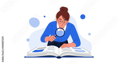 Woman Carefully Examines Information in a Book Using a Magnifying Glass Close Up
