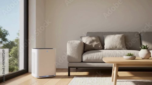 Modern air purifier enhancing a serene living room with natural light and cozy furnishings.