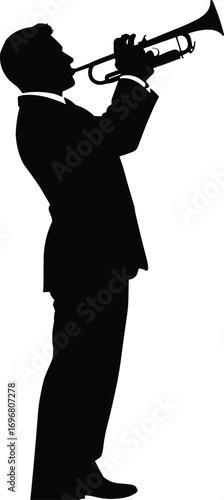 Silhouette vector of trumpet player in formal attire, capturing musical performance, emotion, and artistic rhythm for concert and jazz themes.