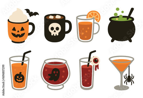Halloween-themed drinks and mugs with spooky decorations