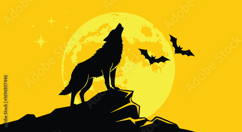 Silhouette of a wolf howling at the moon with bats flying in the night sky, creating a spooky and mysterious halloween atmosphere