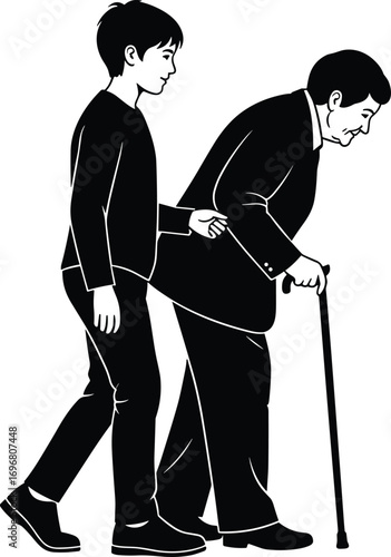 Silhouette vector of young person supporting elderly individual with cane, symbolizing caregiving, compassion, and intergenerational connection themes.