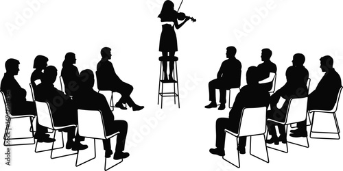 Silhouette vector of violin performance in intimate setting with seated audience, symbolizing music, emotion, and cultural connection themes.