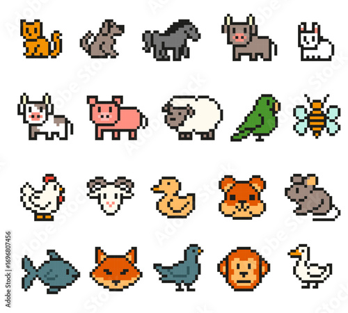 Pixel art animals. Retro 8 bit cartoon pets, cute digital farm and pixelated domestic animal. Old school arcade video game style isolated vector icons collection.