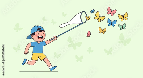 Young Boy Chasing Butterflies With A Net On A Beautiful Bright Day