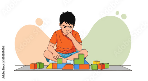 Young Boy Deep In Thought While Constructing Something With Colorful Wooden Blocks