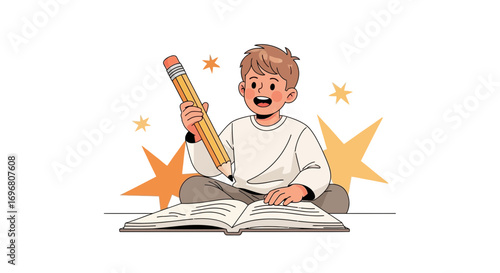 Young Boy Excitedly Writes In A Large Book Using A Giant Pencil Illustration