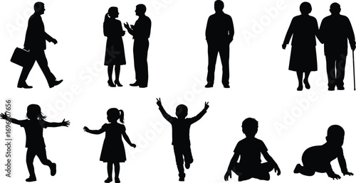 Silhouette vector set showing human life stages from infancy to old age, with dynamic poses, movement, and emotional interaction themes.