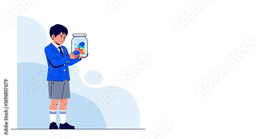 Young Boy Holding A Jar Filled With Colorful Spheres Depicting Conceptualization