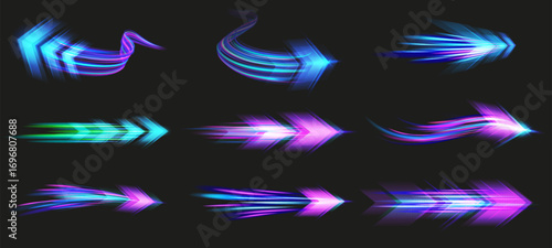 Light speed arrows. Futuristic glowing arrow streaks with high speed motion blur effect, fast pointers and dynamic direction beam with neon glow effect vector set.