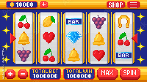 Pixel art slot machine interface. Retro 8 bit slot reels with cherries, bells, hearts, grapes, bar, diamond and horseshoe symbols. Pixelated casino game screen UI, arcade gambling vector illustration.
