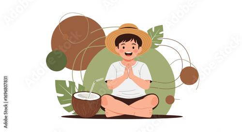 Young Boy With Sunhat Meditating Near Coconut Drink and Tropical Leaf Artwork