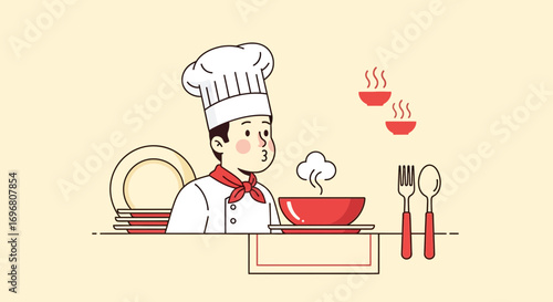 Young Chef Checking Aroma Of Prepared Dish In Modern Minimalist Illustration Style