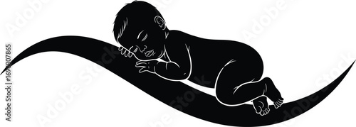 Sleeping baby silhouette on soft wave shape, symbolizing tranquility, care, and innocence for nurturing, emotional, and vector design themes.