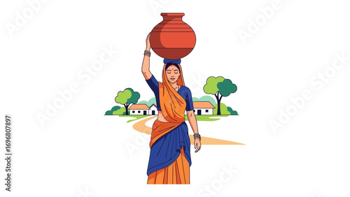 Village Woman Carrying Water: A digitally crafted depiction of a village woman confidently balances a water vessel atop her head, amidst a rural landscape.