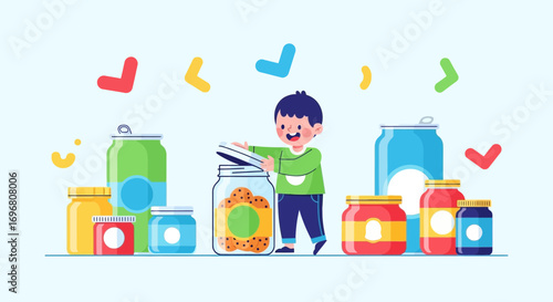 Young Child Reaching For Biscuits In A Jar, Food Preserved In Sealed Containers Illustration