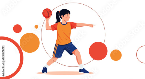 Young Female Athlete Preparing To Throw Basketball With Dynamic Sports Action Illustration