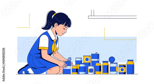 Young Girl Arranging Cans And Jars, Demonstrating Organization And Preparedness In A Blue Uniform