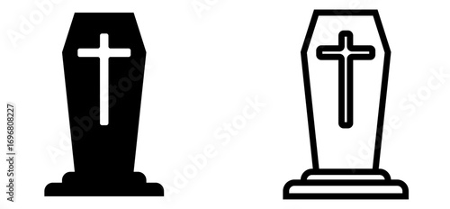 Set of coffin icons with Christian cross symbol in solid and outline style, vector illustration representing funeral, death, cemetery, and religious burial traditions.