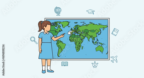 Young Girl Explores World Map in Classroom Setting Focusing on Education and Global Understanding