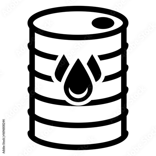 Black vector icon of an oil barrel with a droplet symbol in the center, representing petroleum, fuel storage, crude oil industry, and energy resources.