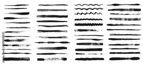 Grunge line paint strokes. Hand drawn ink dividers with grunge textures, distressed underline marker and charcoal scribble borders. Abstract brushstroke separators lines vector set.