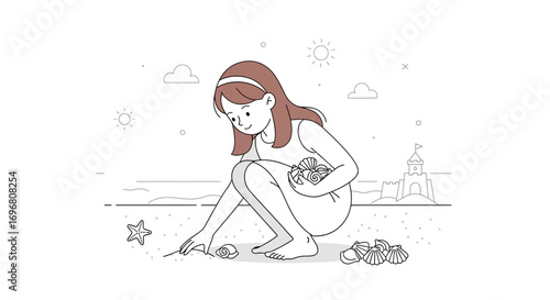 Young Girl Having Fun Collecting Seashells On The Sandy Beach During Summer Holiday