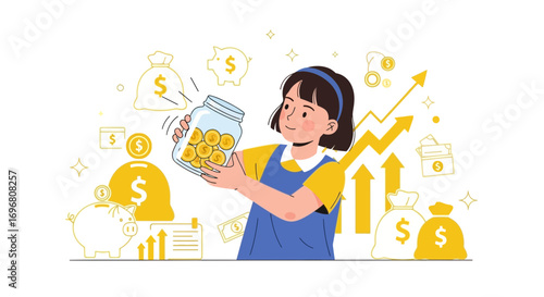 Young Girl Holding Jar, Illustrating Financial Growth And Savings With Gold Coins