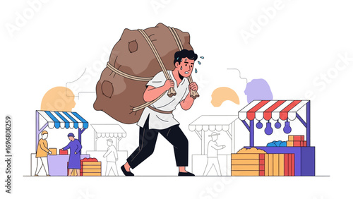 Man Burdened at Marketplace: Depicting the strain and toil, a man trudges through a bustling marketplace, burdened by a heavy sack, as he navigates through colorful stalls
