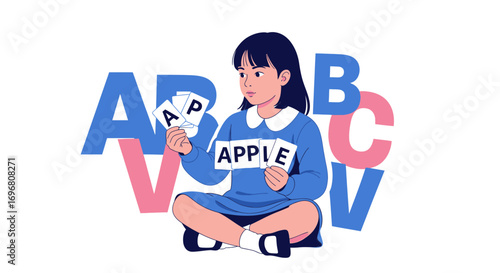 Young Girl Learning Spelling Lessons with Alphabet Cards for Educational Purposes