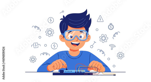 Young Inventor Enthusiastically Assembling Electronic Circuitry To Bring New Concepts To Life