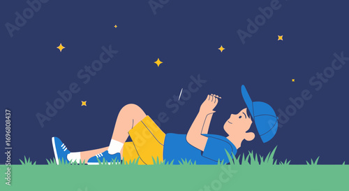 Young Individual Lying Down to Gaze at the Night Sky, Observing Stars With Joyful Wonder