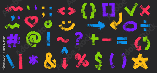 Hand drawn punctuation signs. Typography marks with grunge rough crayon texture, paint brush stroke painted characters and distressed doodle scribbled arrows vector set.