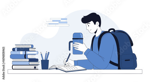 Young Learner Completing Schoolwork at Desk With Books and Supplies for Study
