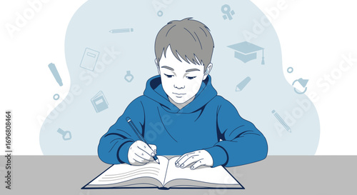 Young Learner Immersed In Study, Focused on Writing, Concentrating on Note-Taking At Desk