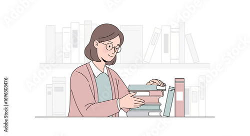Young Librarian Arranges Books on Shelf, Illustrating Knowledge and Education Principles