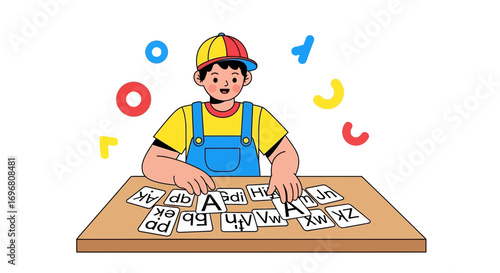 Young Learner Engaged In Educational Activity Featuring Colorful Letters and Objects