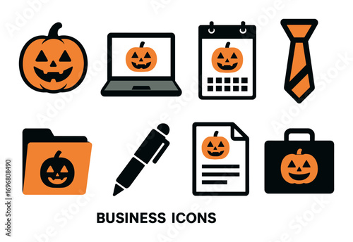 Halloween-themed office icons: pumpkins, laptop, pen, calendar, tie, folder, document, briefcase
