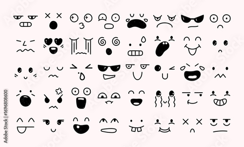 Cute doodle emoji. Kawaii facial expressions, hand drawn emotions including happy, sad, angry, surprised, crying and laughing. Simple faces with different moods vector set.