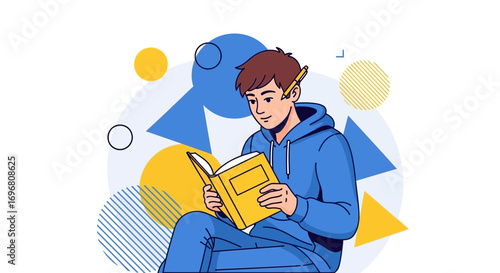 Young Man Engrossed In Reading, Surrounded By Abstract Geometric Elements Illustrating Knowledge